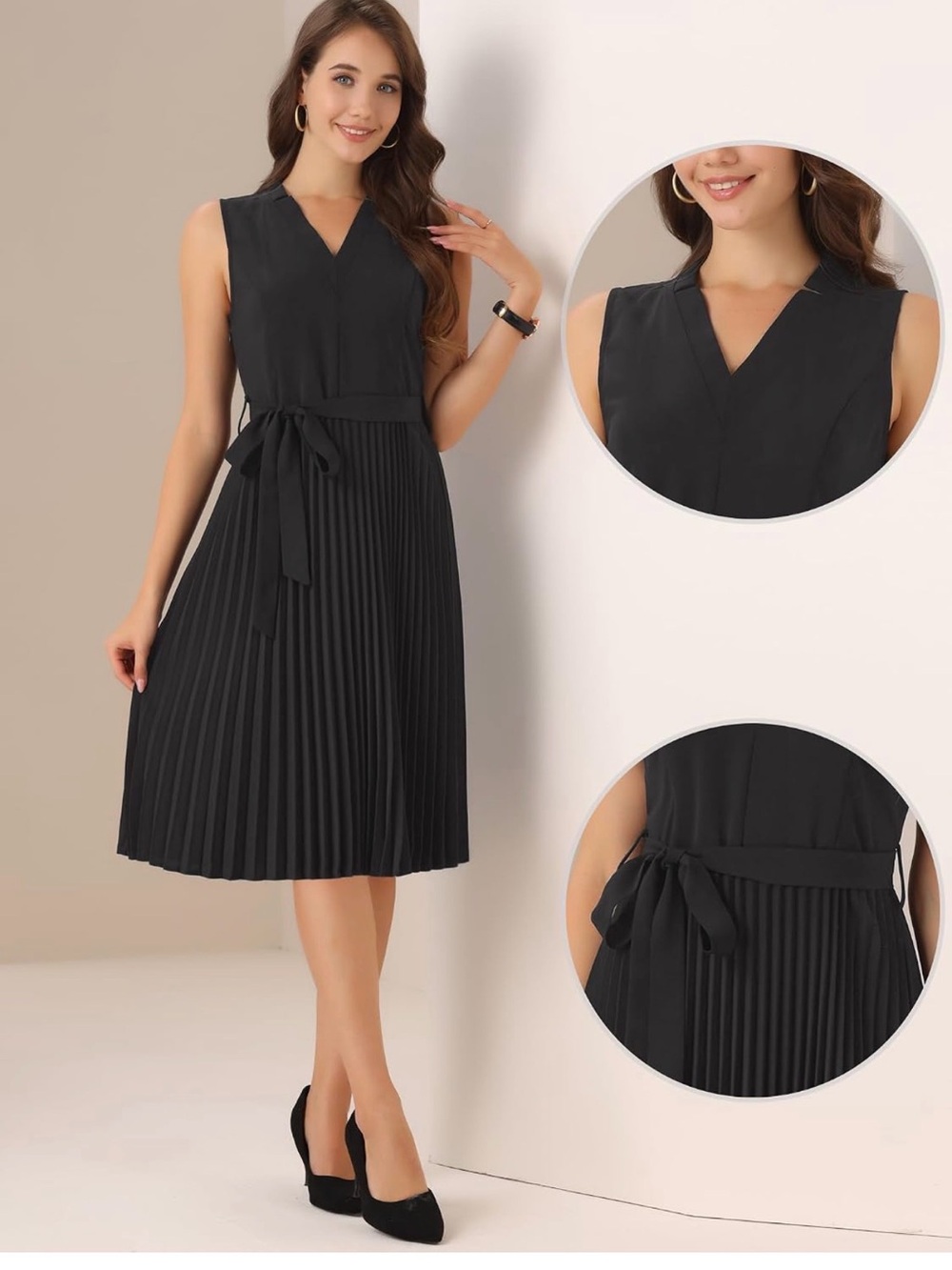AB Studio Black Sleeveless Pleated V-Neck Dress 6